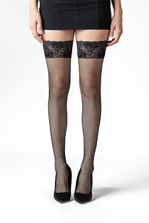 WOMAN TOP LIBERTEE ELASTIC FISHNET HOLD-UPS WITH SILICONE LACE AND BLACK BACK SEAM PATTERN