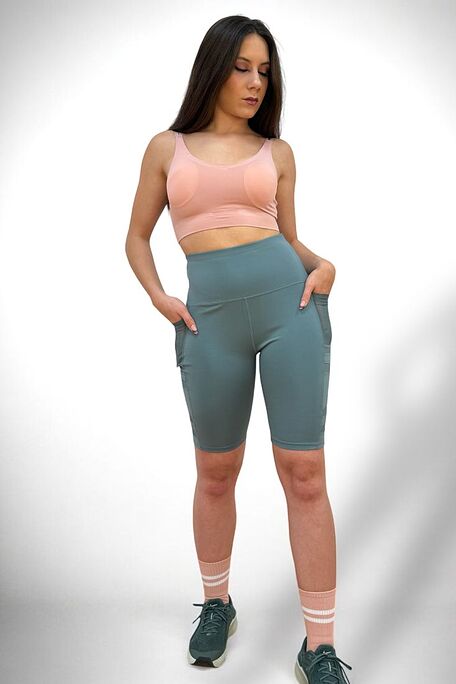 WOMAN ATHLETIC ELASTIC HIGH-WAISTED ΒERMUDA PLAIN WITH SIDE MESH DETAILS & MOBILE POCKET