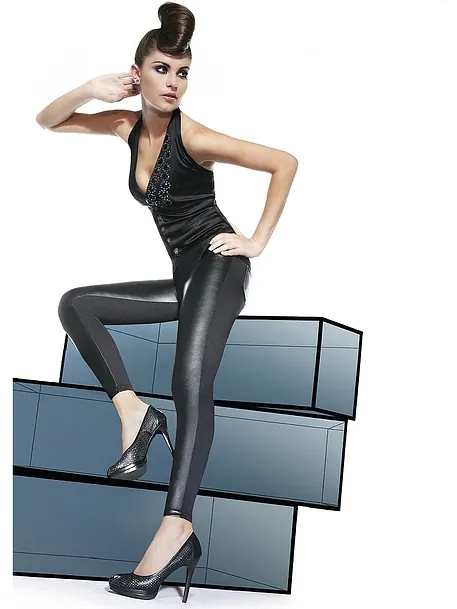 ELASTIC LEGGINGS MADE WITH ECO-LEATHER ELEMENTS. ECO-LETAHER MATERIAL IS COMPLETELY COVERING, ELASTIC, MODELLING SILK.