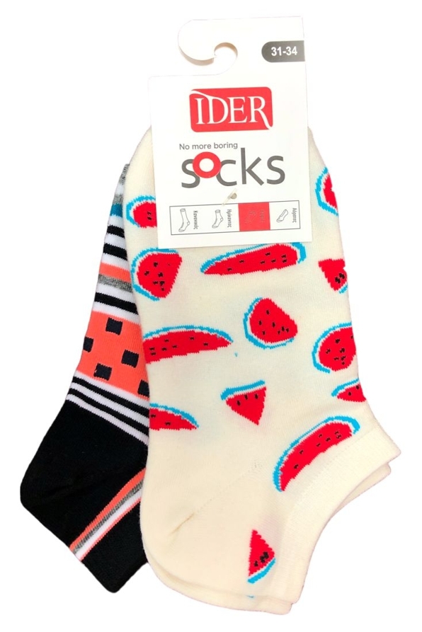 2-PACK KIDS LOW-CUT COTTON SOCKS WITH STRIPES & WATERMELONS PATTERN