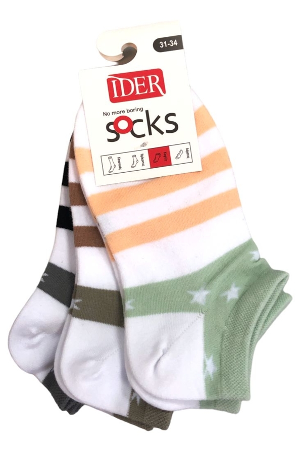 3-PACK KIDS LOW-CUT COTTON SOCKS WITH STRIPES & STARS PATTERN