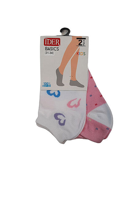 2-PACK COTTON FASHION KIDS ANKLE SOCKS, ONE WHITE WITH HEARTS AND ONE PINK WITH DOTS