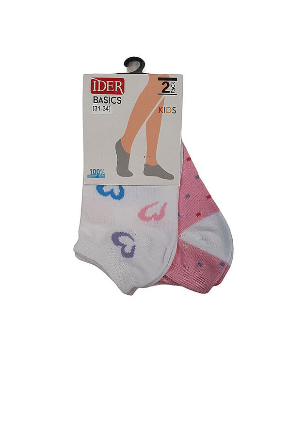 2-PACK COTTON FASHION KIDS ANKLE SOCKS, ONE WHITE WITH HEARTS AND ONE PINK WITH DOTS