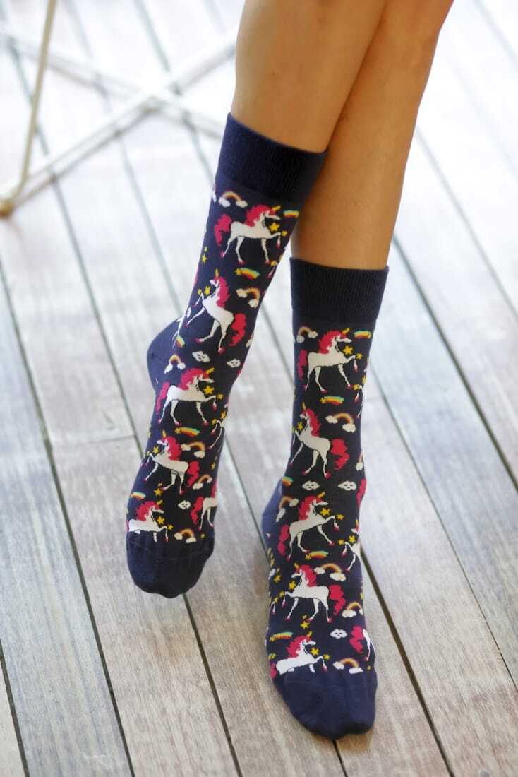UNISEX ELASTIC COTTON SOCKS WITH UNIICORNS PATTERN