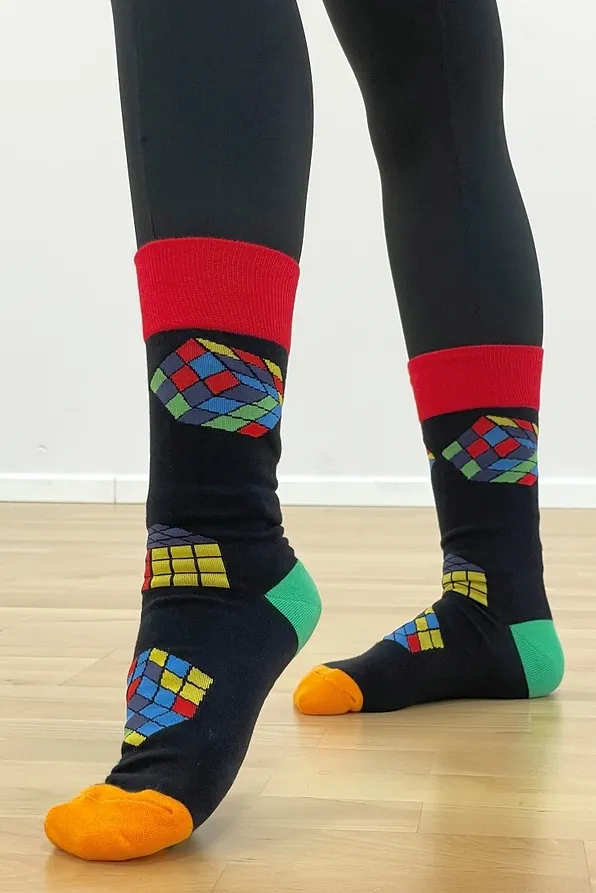 2-PACK GIFT BOX UNISEX ELASTIC COTTON SOCKS WITH RUBIK CUBE PATTERN AND KEY RING