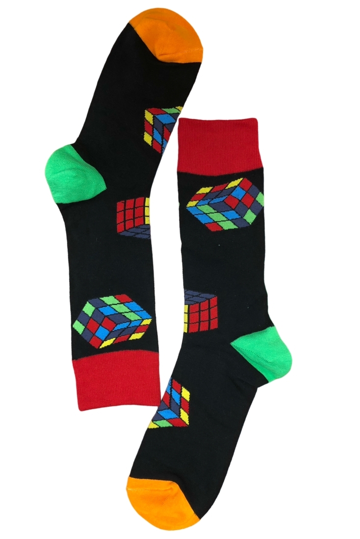 2-PACK GIFT BOX UNISEX ELASTIC COTTON SOCKS WITH RUBIK CUBE PATTERN AND KEY RING