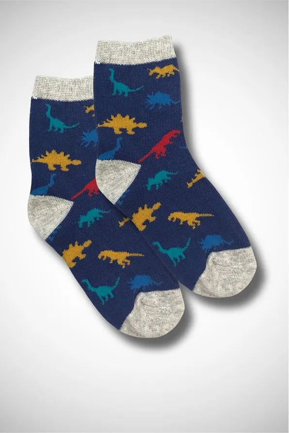 KIDS ELASTIC COTTON CREW SOCKS WITH DINOSAURS DESIGN