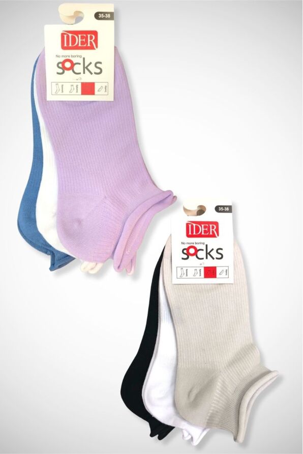 3-PACK WOMAN LOW-CUT COTTON RIBBED SOCKS WITH ROLL TOP CUFF