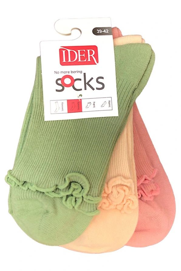 3-PACK WOMAN ANKLE COTTON RIBBED SOCKS WITH ROLL TOP CUFF