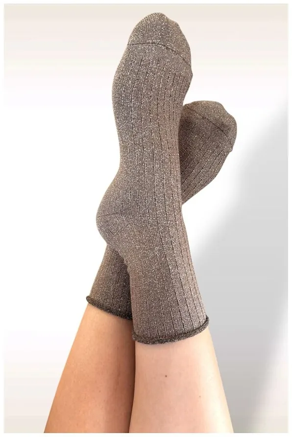 BAMBOO SOFT SOCKS 4 SEASON ROLL TOP CUFF WITH SILVER LUREX & VERTICAL THIN BRAIDS PATTERN