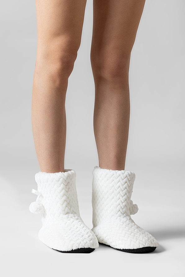 WOMAN ANTI-SLIP ZIG-ZAG FLEECE ΒΟΟΤ SLIPPERS WITH ABS POM-POM AND SHERPA LINNING