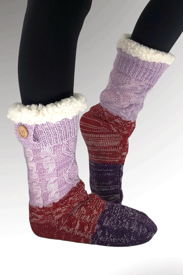 WOMAN ANTI-SLIP SLIPPERS WITH ABS STRIPY WITH BRAIDS KNITTING EFFECT PATTERN AND FLUFFY LINING INSIDE