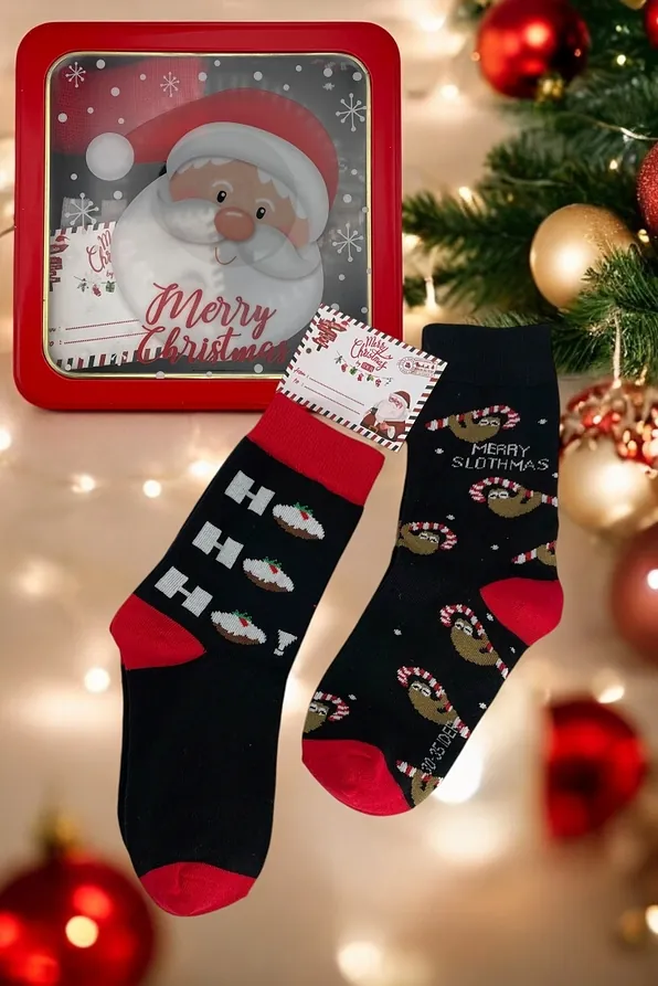 2-PACK ELASTIC COTTON CHRISTMAS SOCKS IN METALLIC BOX WITH TRASNPARENT TOP