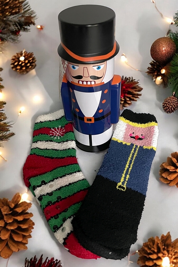 2-PACK FUZZY SOCKS WITH ANTI-SLIP ABS IN METALLIC SOLDIER BOX