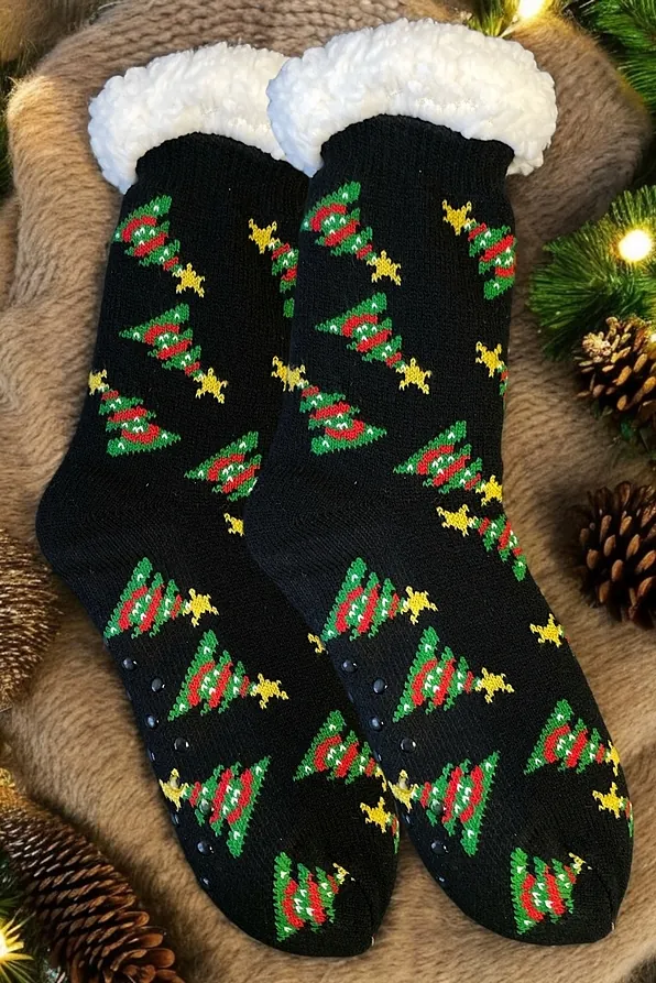 SLIPPERS ANTISLIP WITH ABS & FLUFFY LINING INSIDE AND CHRISTMAS TREES PATTERN