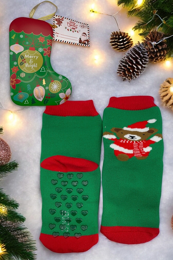 KIDS TERRY COTTON ABS SOCKS ANTISLIP IN METALLIC BOOT BOX FOR CHRISTMAS TREE
