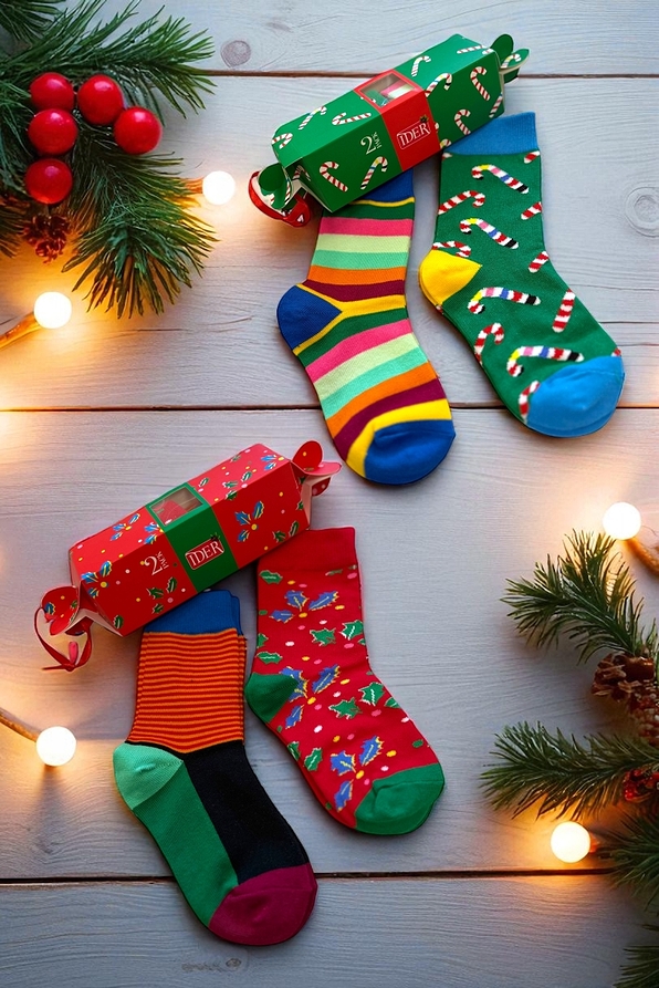 2-PACK KIDS ELASTIC COTTON CREW SOCKS IN PAPER CHRISTMAS CANDY TWIST BOX