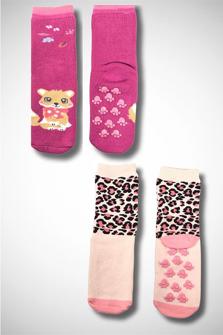 TERRY COTTON CREW SOCKS WITH ABS ANTI-SLIP SOLE & PATTERN FOX AND ANIMAL LEOPARD