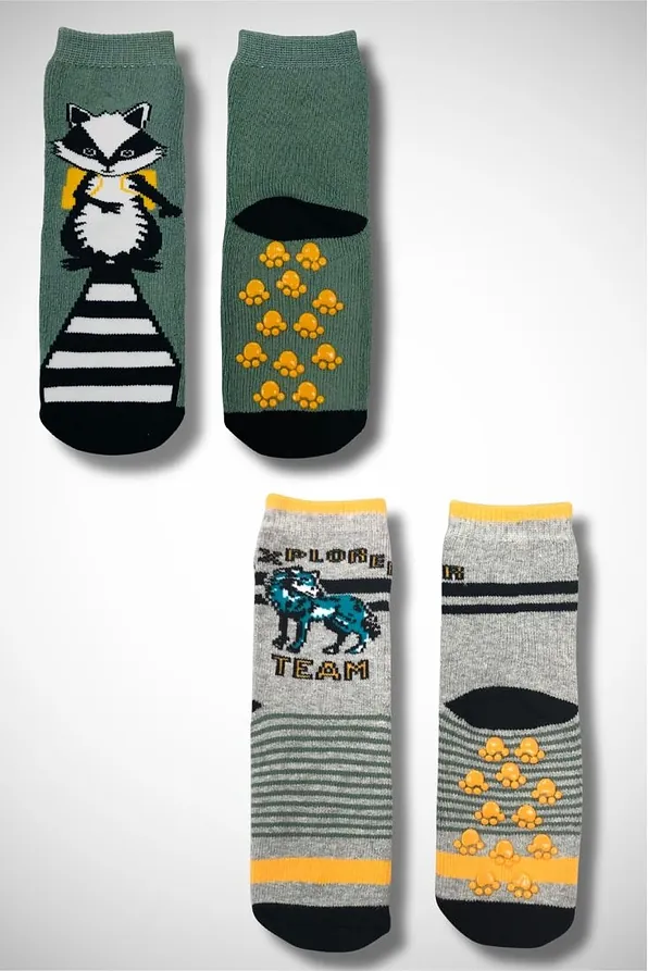 TERRY COTTON CREW SOCKS WITH ABS ANTI-SLIP SOLE & PATTERN RACCOON AND WOLF