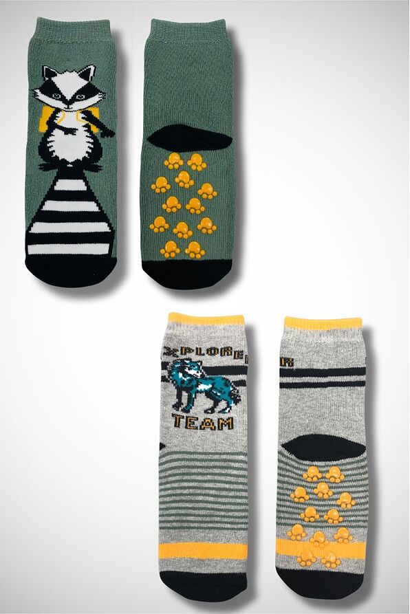 TERRY COTTON CREW SOCKS WITH ABS ANTI-SLIP SOLE & PATTERN RACCOON AND WOLF