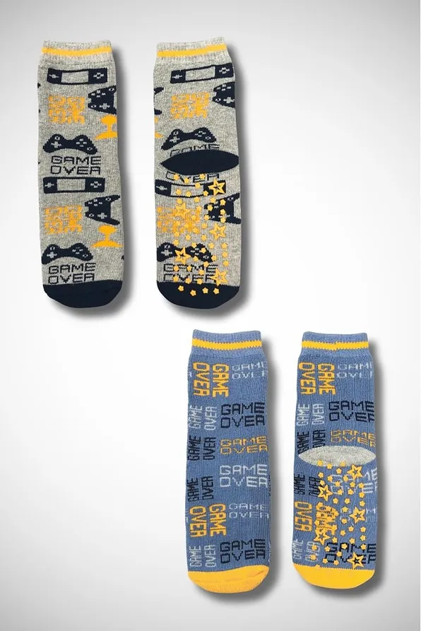 TERRY COTTON CREW SOCKS WITH ABS ANTI-SLIP SOLE & PATTERN GAME OVER