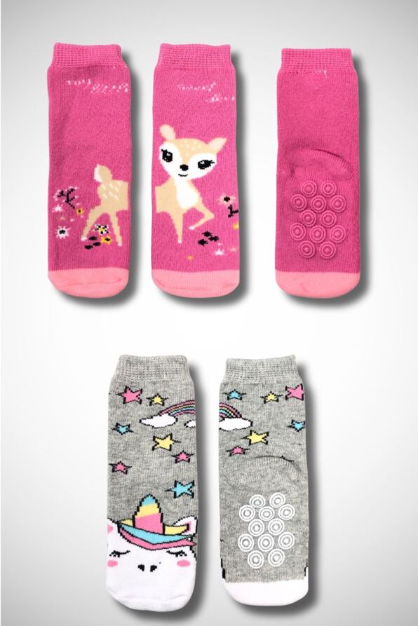 BABY TERRY COTTON CREW SOCKS WITH ABS ANTI-SLIP SOLE & PATTERN UNICORN AND DEAR