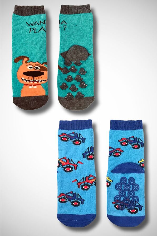 BABY TERRY COTTON CREW SOCKS WITH ABS ANTI-SLIP SOLE & PATTERN RACING JEEPS AND DOG