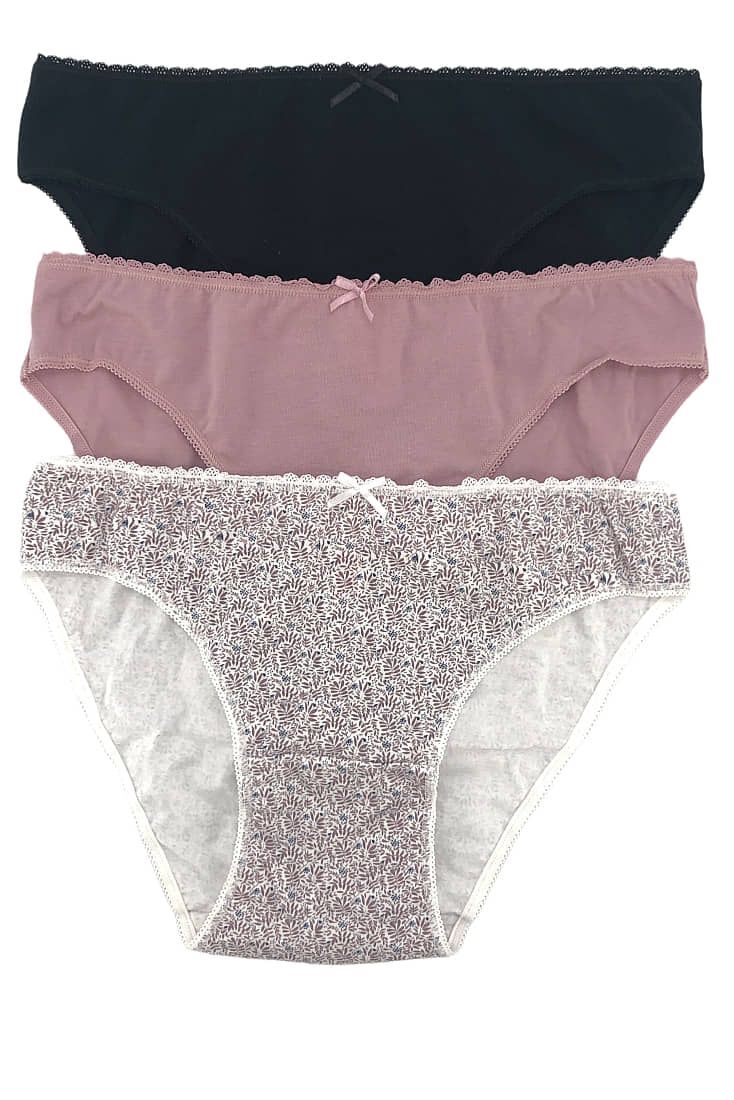 3-PACK ΓΥΝΑΙΚΕΙΟ BIKINI ΣΛΙΠ ΑΠΟ ΟΡΓΑΝΙΚΟ ΒΑΜΒΑΚI ΜΕ ΣΧΕΔΙΟ ΣΑΠΙΟ ΜΗΛΟ-FLORAL-ΜΑΥΡΟ