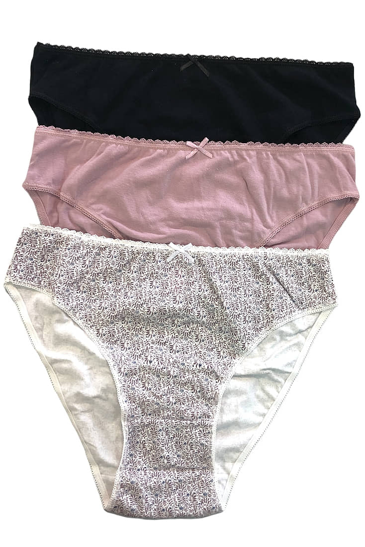 3-PACK ΓΥΝΑΙΚΕΙΟ ΨΗΛΟΜΕΣΟ BIKINI ΣΛΙΠ ΑΠΟ ΟΡΓΑΝΙΚΟ ΒΑΜΒΑΚI ΜΕ ΣΧΕΔΙΟ ΣΑΠΙΟ ΜΗΛΟ-FLORAL-ΜΑΥΡΟ