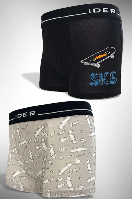 2-PACK BOY ELASTIC COTTON BOXER WITH EXTERNAL WAISTBAND AND SKATEBOARD PRINT