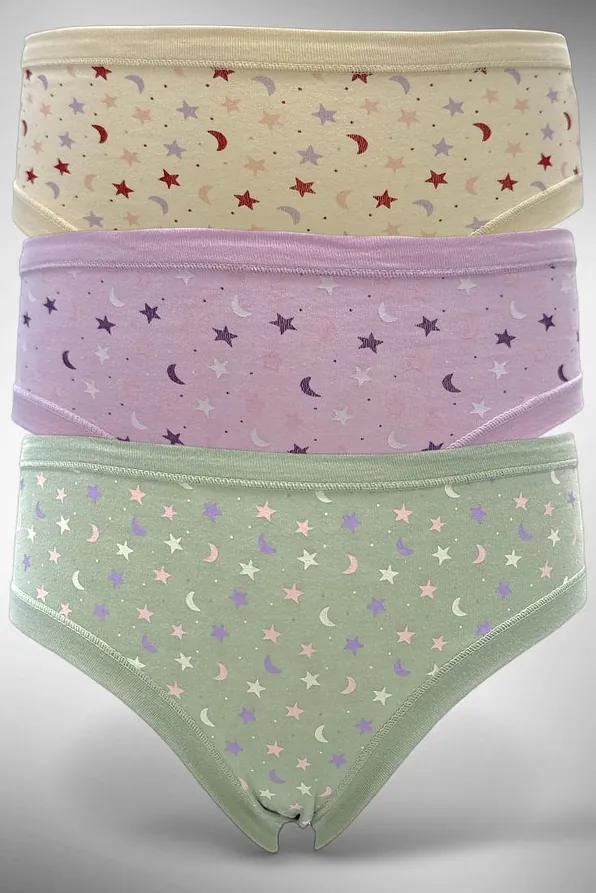 3-PACK GIRL COTTON KNICKERS PIPE SEAM & STARS PRINT