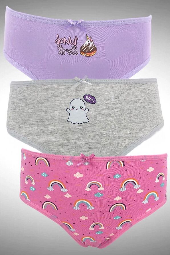 3-PACK GIRL COTTON KNICHERS WITH GHOST-DONUT UNICORN-RAINBOW PRINT
