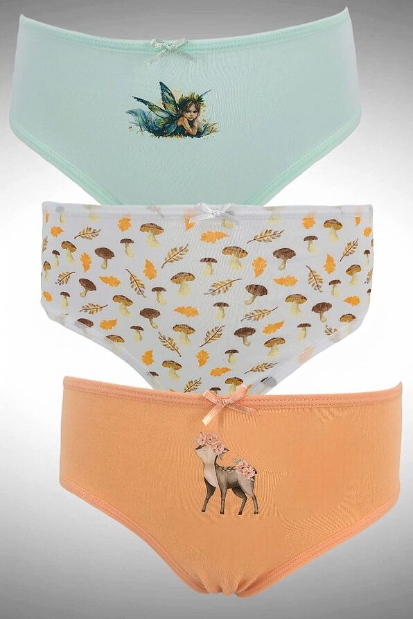 3-PACK GIRL COTTON KNICHERS WITH FAIRY TALE-YOUNG DEER-FOREST MUSHROOMS PRINT