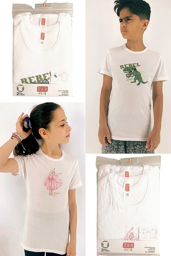 2-PACK KIDS COTTON VEST SHORT SLEEVE ROUND NECK WITH PRINT