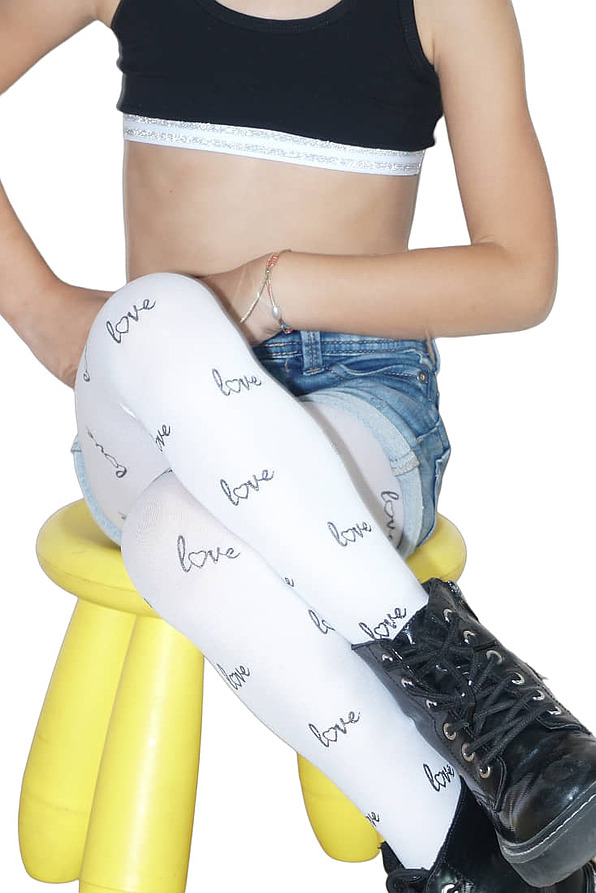 GIRL OPAQUE TIGHTS WITH PANTY AND GLITTER LOVE PATTERN