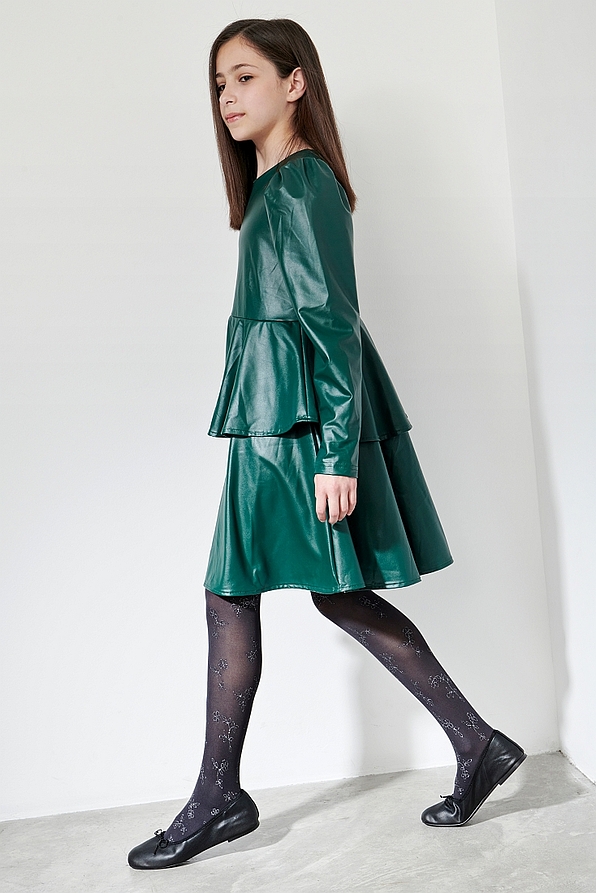 GIRL DEMI OPAQUE ELASTIC TIGHTS 40DEN WITH PRINTED SILVER GLITTER FLOWERS PATTERN