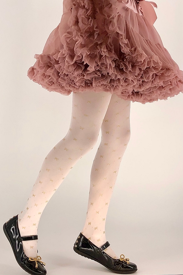 GIRL OPAQUE TIGHTS 40DEN WITH PANTY AND SILVER-GOLD GLITTER BOWS AND DOTS PRINTED PATTERN