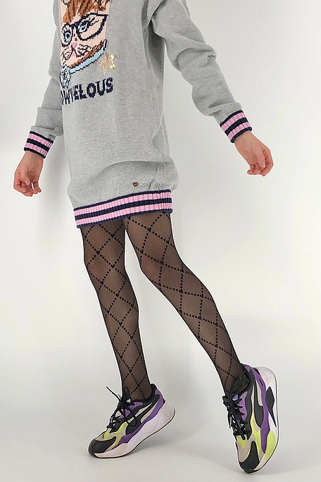 GIRL ELASTIC TIGHTS 30DEN NET KNITTING AND GEOMETRIC RHOMBUS FROM HEARTS PATTERN
