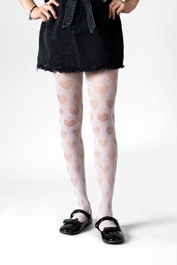 GIRL SHEER TO WAIST ELASTIC FISHNET TIGHTS WITH HEARTS PATTERN.