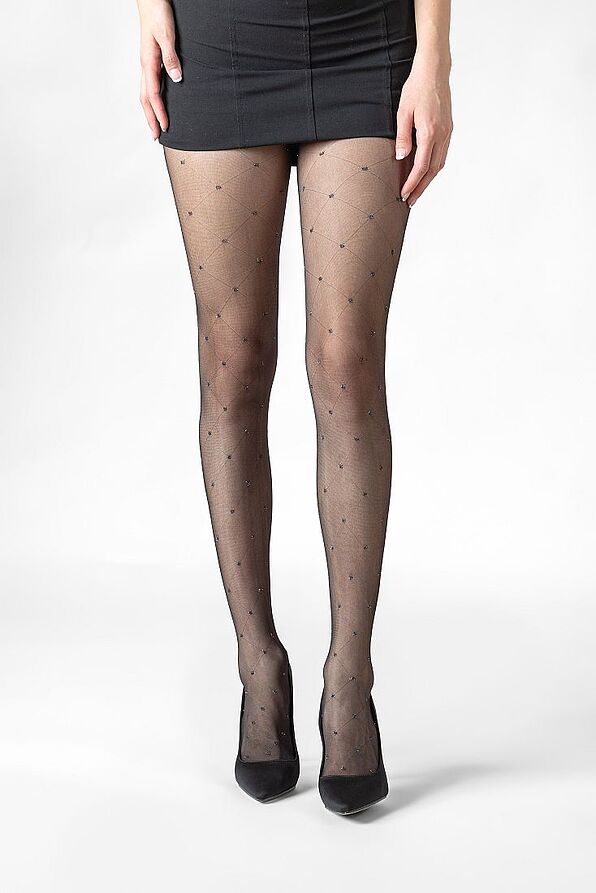 WOMAN SHEER ELASTIC TIGHTS 20DEN WITH DIAMOND PATTERN EMBOSSED POLKA DOTS IN SILVER LUREX & FLAT SEAMS - DAINA