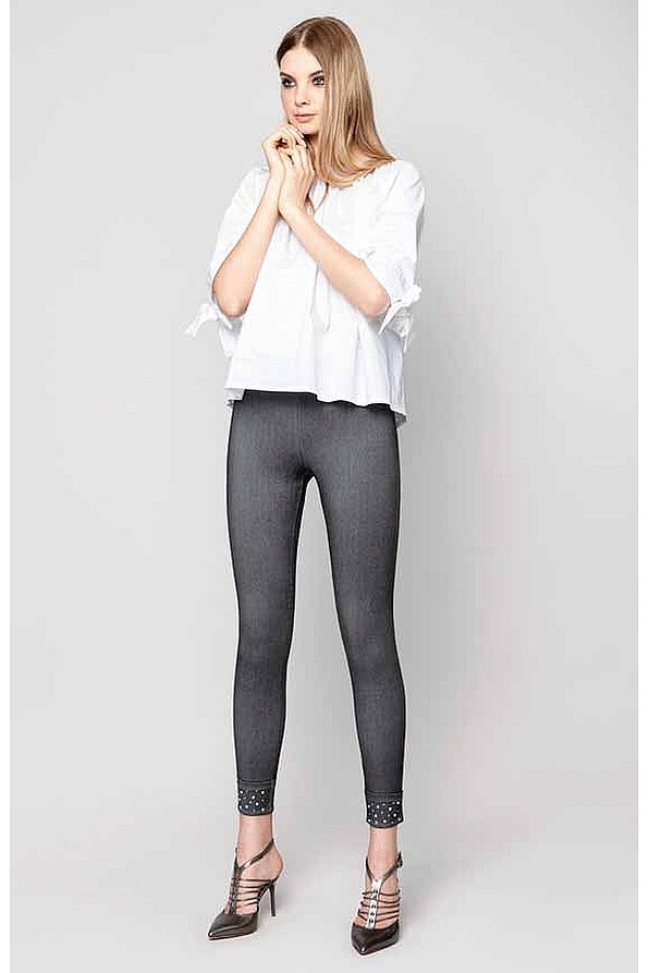 LIGHT DENIM LEGGINGS WITH PERLES & RHINESTONES DECORATION