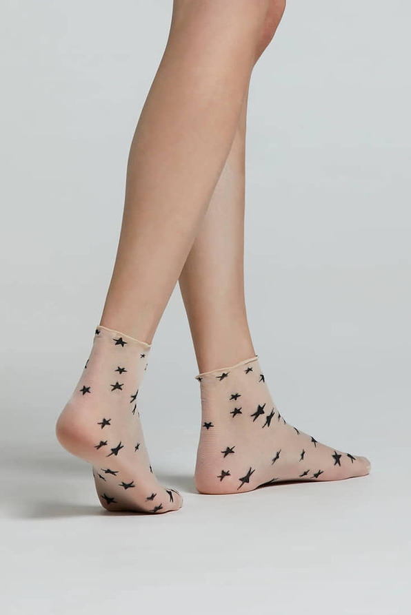 CZ ALYSSA WOMAN SHEER ELASTIC SOCKS WITH STARS PATTERN AND ROLL-TOP CUFF