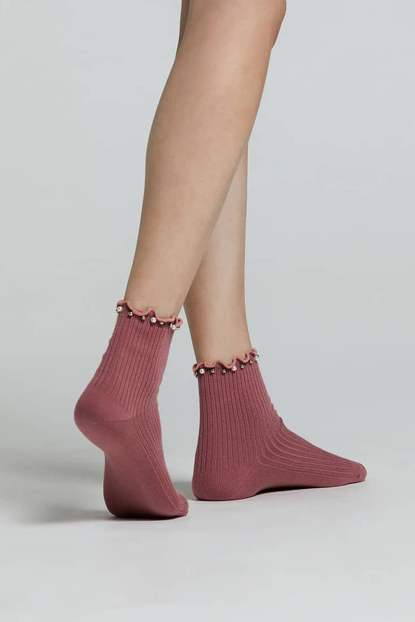 CZ MAGNOLIA WOMAN RIB COTTON SOCKS WITH PEARLS DECORATIONS AT ROLL TOP CUFF