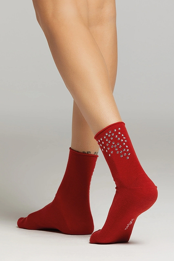 WOMAN COTTON SOCKS WITH ROLL TOP CUFF AND DECORATIVE STARS- CCZ SONIA