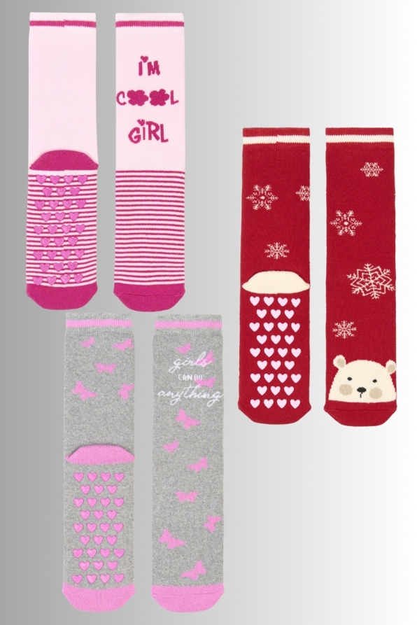 GIRL TERRY-COTTON SLIPPERS ANTI-SLIP WITH ABS X-MAS STRIPY OR BUTTERFLIES PATTERN-ABS CZ F.KARA