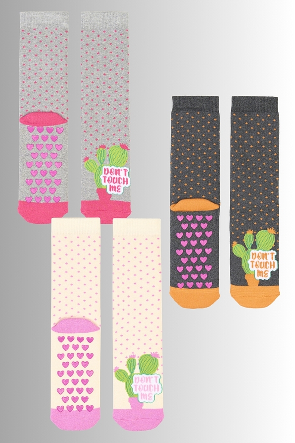 GIRL TERRY-COTTON SLIPPERS ANTI-SLIP WITH ABS DOTS AND CACTUS PATTERN-ABS CZ F.DALILA