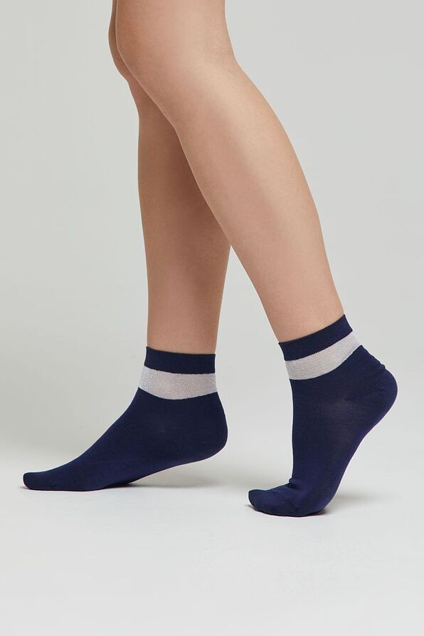 WOMAN SOFT MERCERIZED COTTON FASHION ANKLE SOCKS WITH SHIMMERING VISCOSE MESH CUFF--CZ ARIEL