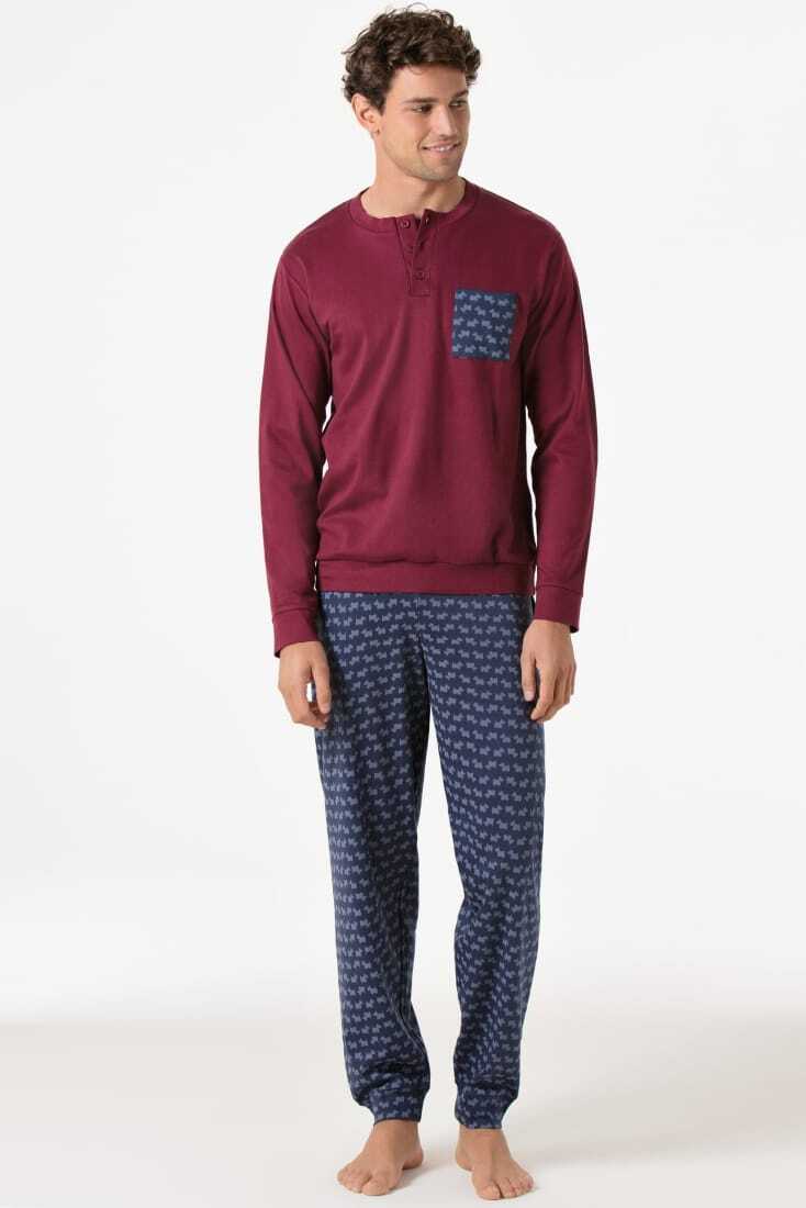 POMPEA RIMO - ΑΝΔΡΙΚΗ ΒΑΜΒΑΚΕΡΗ ΠΥΤΖΑΜΑ ΜΕ ΜΑΚΡΥ ΜΑΝΙΚΙ, ΜΕ ΣΧΕΔΙΟ ΣΚΥΛΑΚΙΑ ΚΑΙ ΚΟΥΜΠΑΚΙΑ