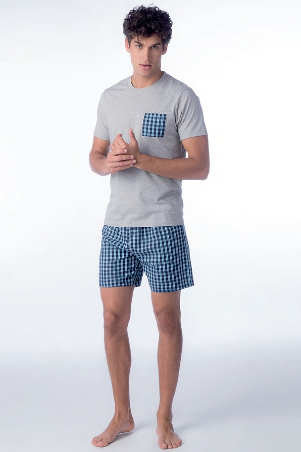 MAN SHORT COTTON PYJAMAS WITH PLAIN TOP AND CHECKERED BERMUDA-PJ ELIO