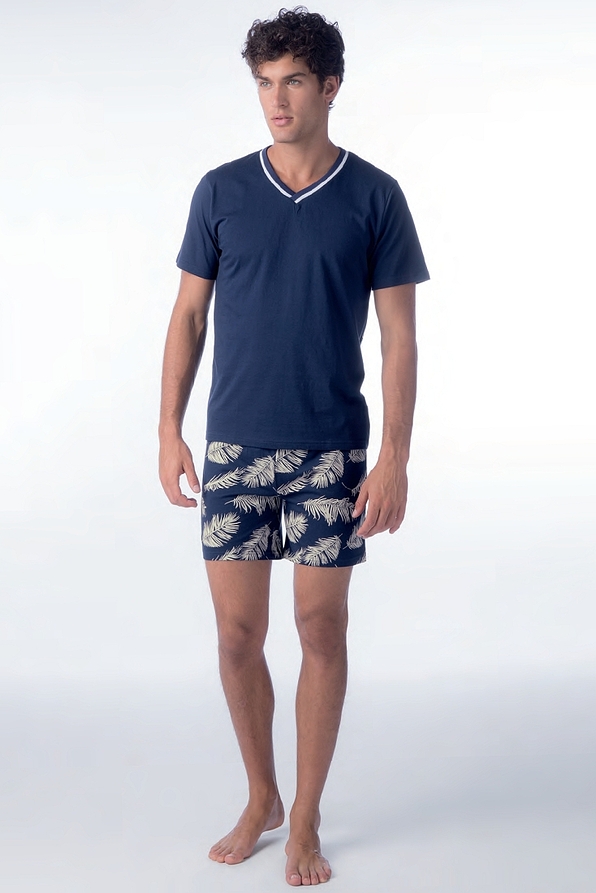 MAN SHORT COTTON PYJAMAS WITH PLAIN V-NECKLINE TOP AND PRINTED BERMUDA-PJ OSSIGENO